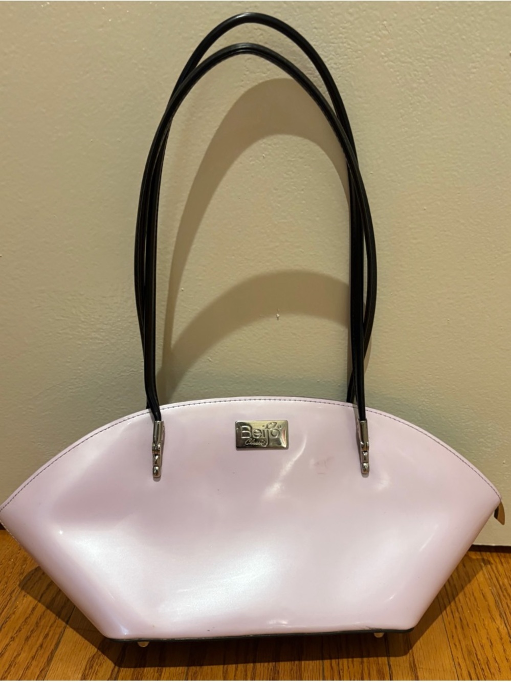 Beijo Light Pink Patent Shoulder Bag with Black Straps